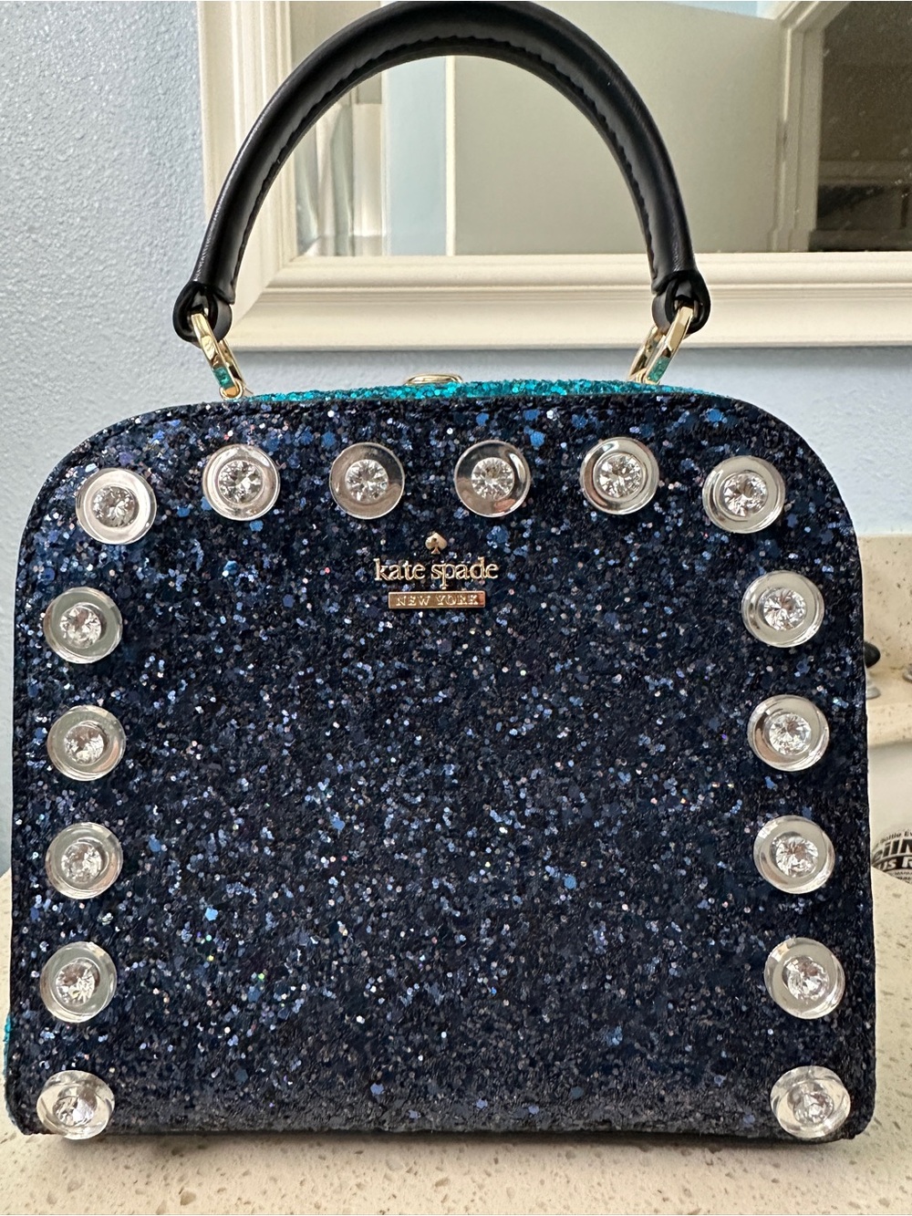 kate spade navy glitter dome satchel with crystal studs